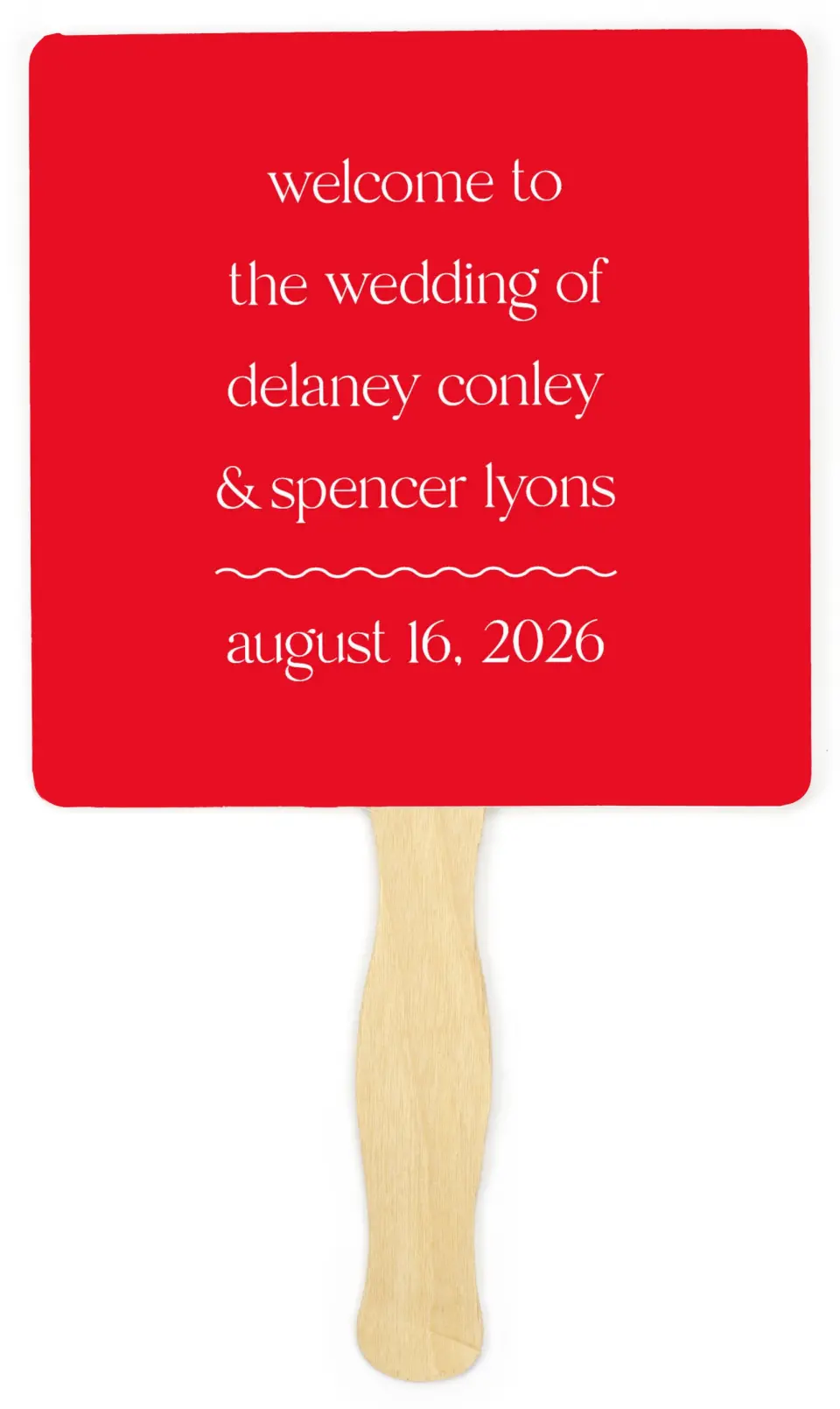 This is a 6¼" x 6¼" Wedding Program Fan called The Delaney printed in full color on Premium Smooth paper