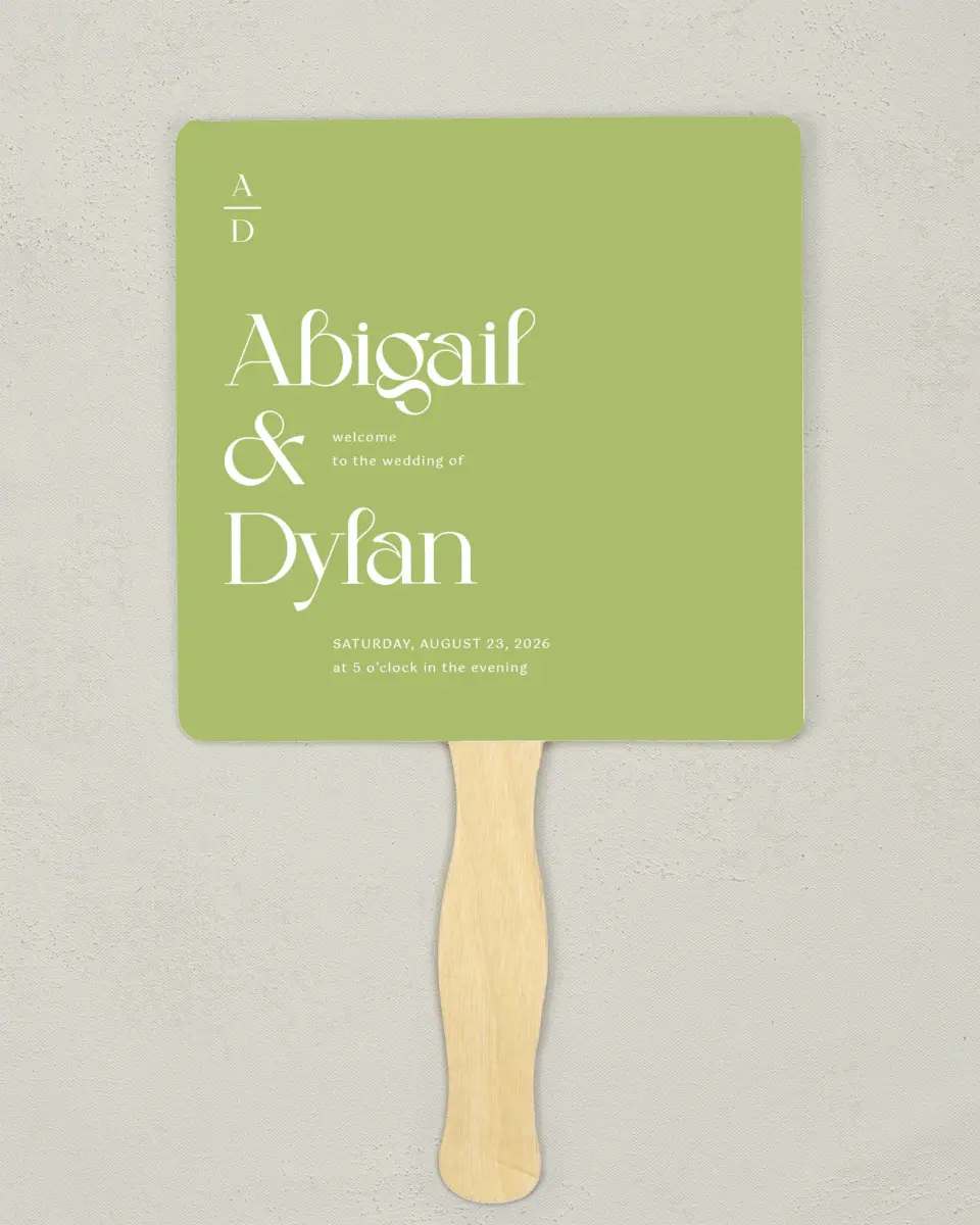 This is a 6¼" x 6¼" Wedding Program Fan called The Abigail printed in full color with Gold foil on Luxe Satin (coated) paper