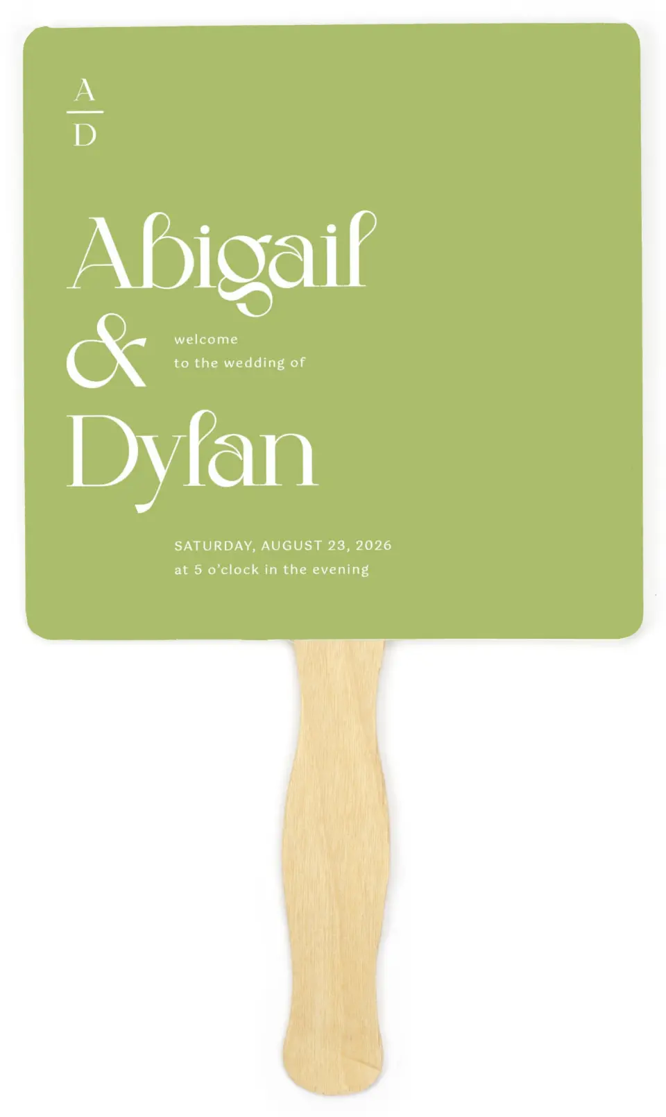 This is a 6¼" x 6¼" Wedding Program Fan called The Abigail printed in full color on Premium Smooth paper