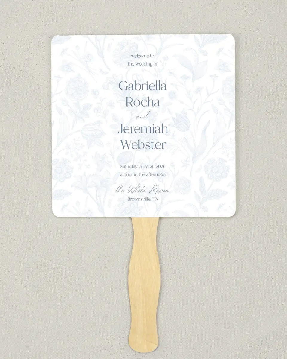 This is a 6¼" x 6¼" Wedding Program Fan called The Gabriella printed in full color on Premium Smooth paper