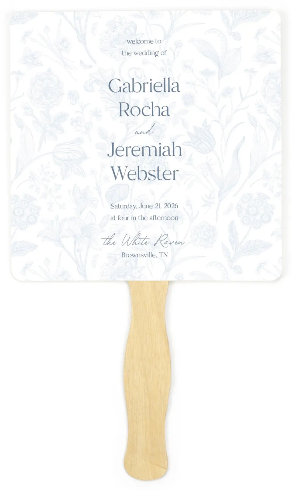 This is a 6¼" x 6¼" Wedding Program Fan called The Gabriella printed in full color on Premium Smooth paper