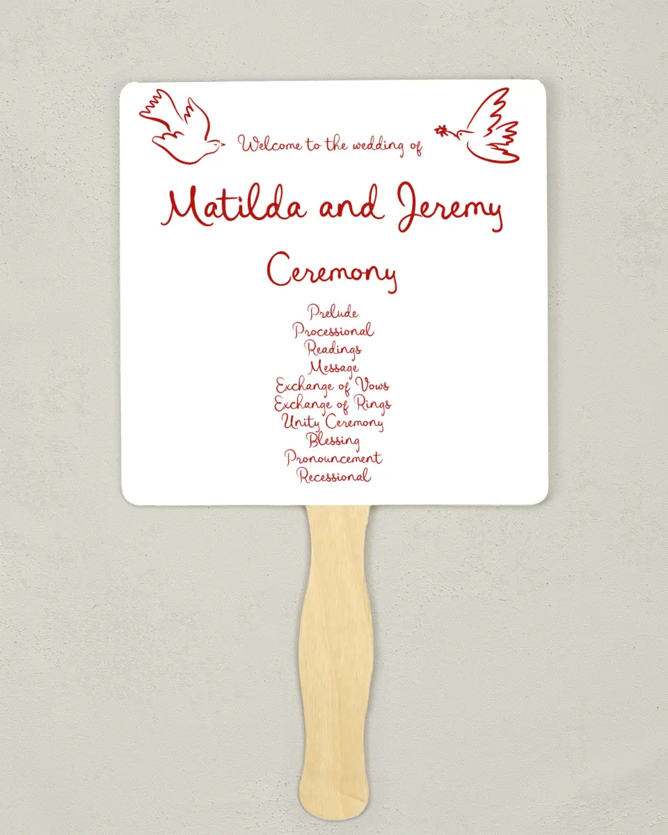This is a 6¼" x 6¼" Wedding Program Fan called Love Birds printed in full color on Premium Smooth paper