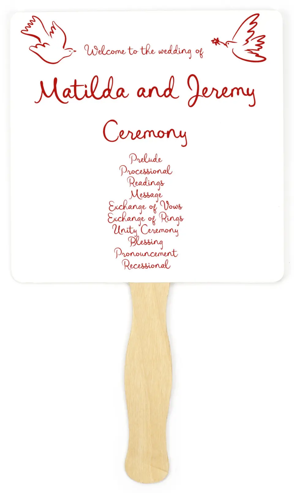 This is a 6¼" x 6¼" Wedding Program Fan called Love Birds printed in full color on Premium Smooth paper