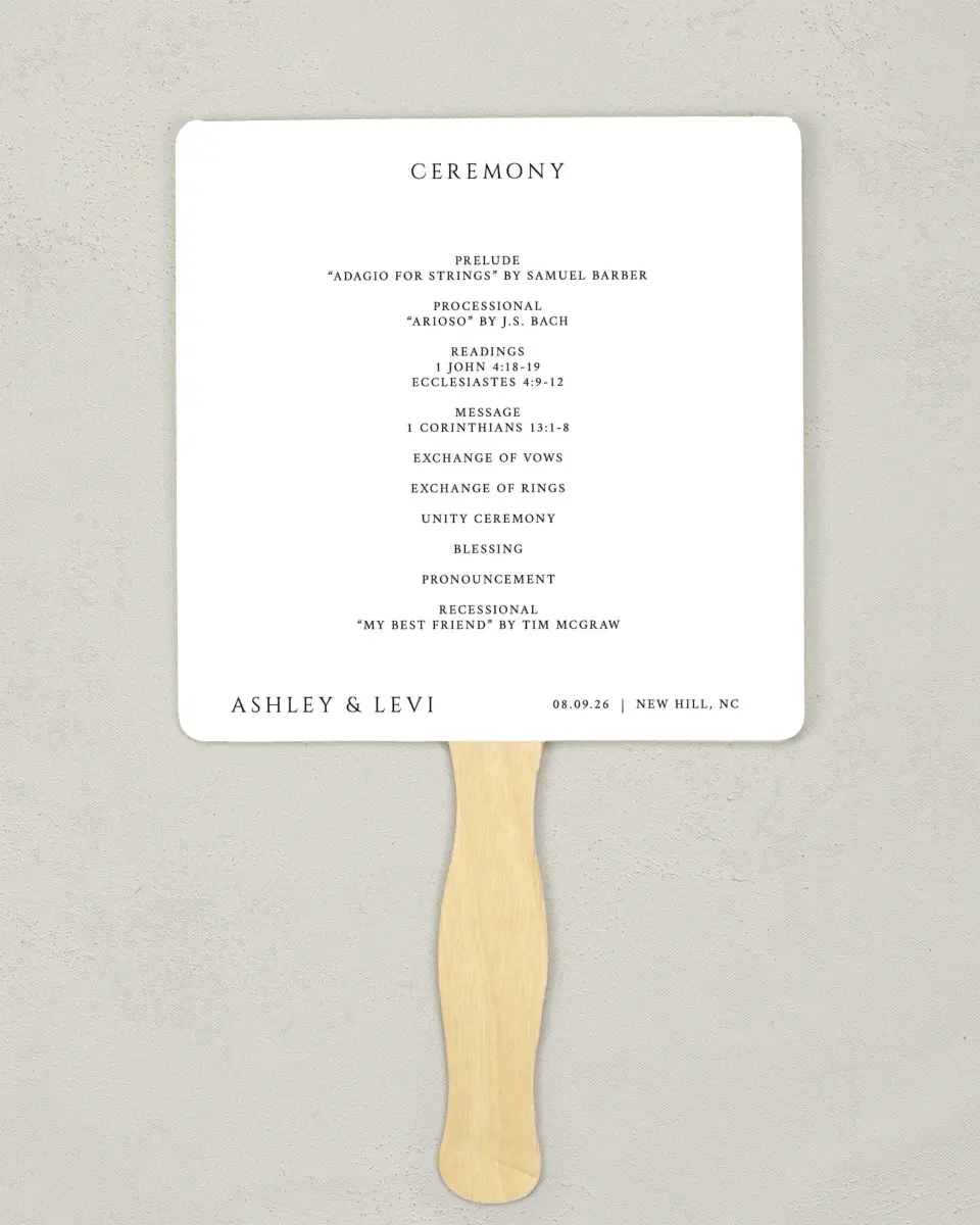 This is a 6¼" x 6¼" Wedding Program Fan called Classic Romance printed in full color with Silver foil on Luxe Satin (coated) paper