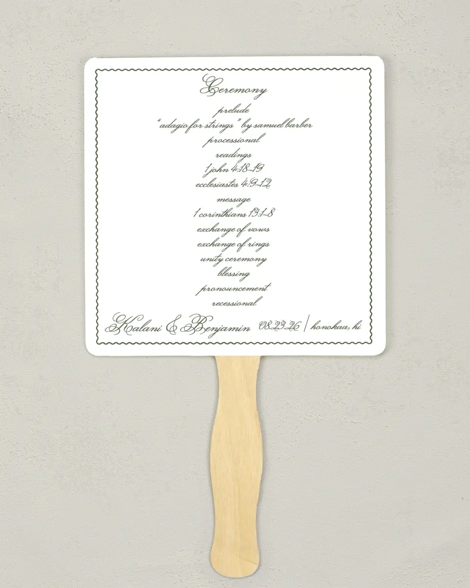 This is a 6¼" x 6¼" Wedding Program Fan called Aloha Amore printed in full color with Rose Gold foil on Luxe Satin (coated) paper