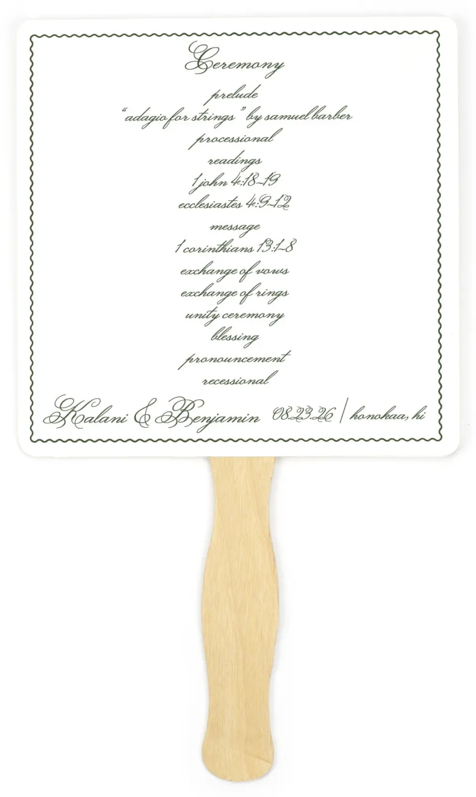 This is a 6¼" x 6¼" Wedding Program Fan called Aloha Amore printed in full color on Premium Smooth paper
