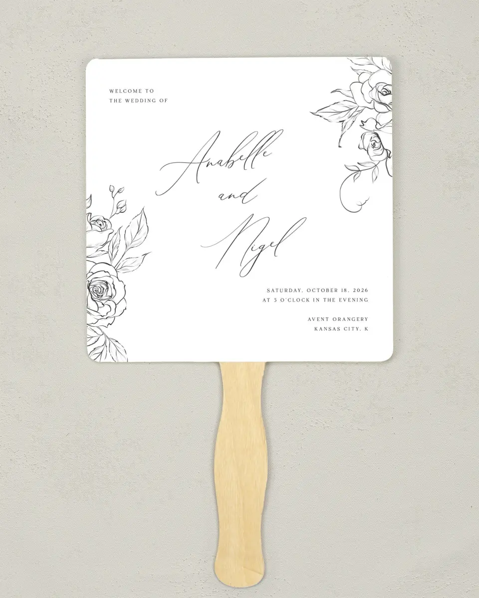 This is a 6¼" x 6¼" Wedding Program Fan called The Anabelle printed in full color on Premium Smooth paper
