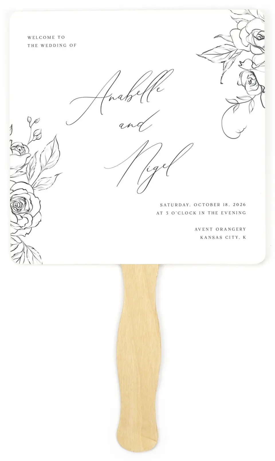 This is a 6¼" x 6¼" Wedding Program Fan called The Anabelle printed in full color on Premium Smooth paper