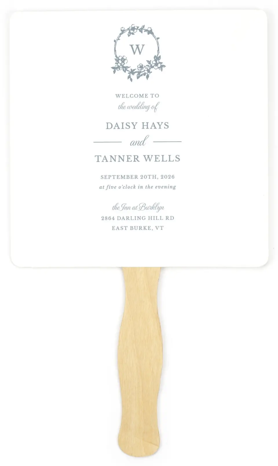 This is a 6¼" x 6¼" Wedding Program Fan called Flowering Frame printed in full color on Premium Smooth paper