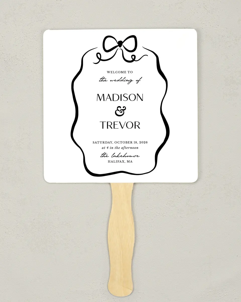 This is a 6¼" x 6¼" Wedding Program Fan called The Madison printed in full color on Premium Smooth paper