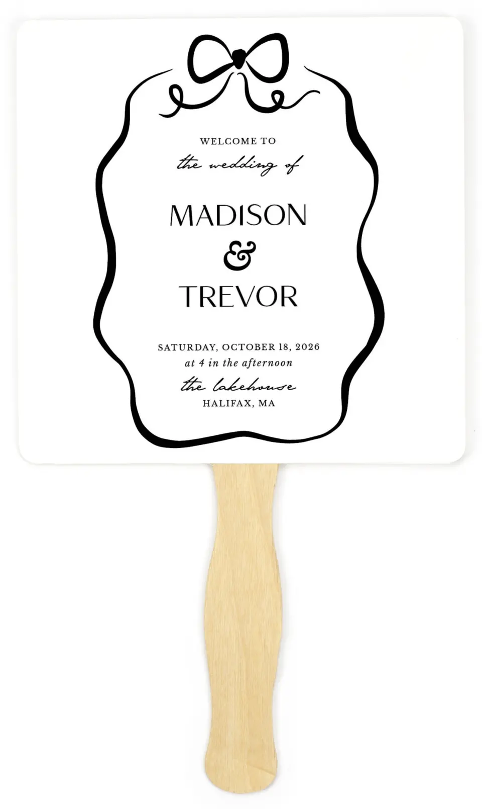 This is a 6¼" x 6¼" Wedding Program Fan called The Madison printed in full color on Premium Smooth paper