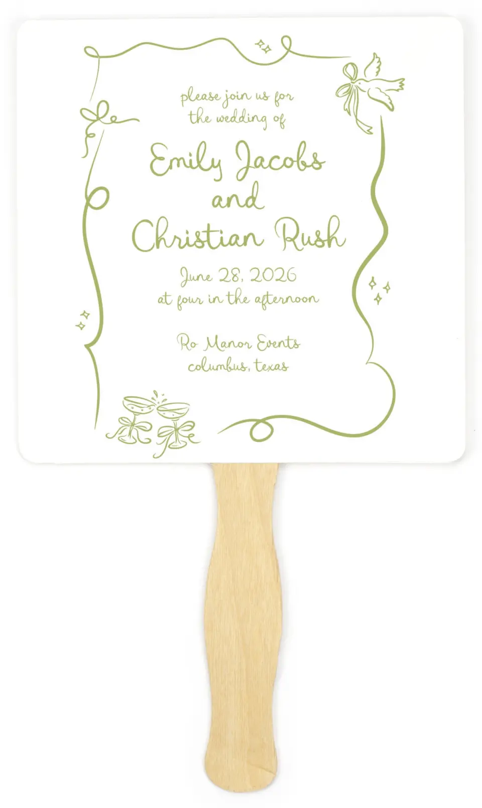 This is a 6¼" x 6¼" Wedding Program Fan called Wedding Whimsy printed in full color on Premium Smooth paper
