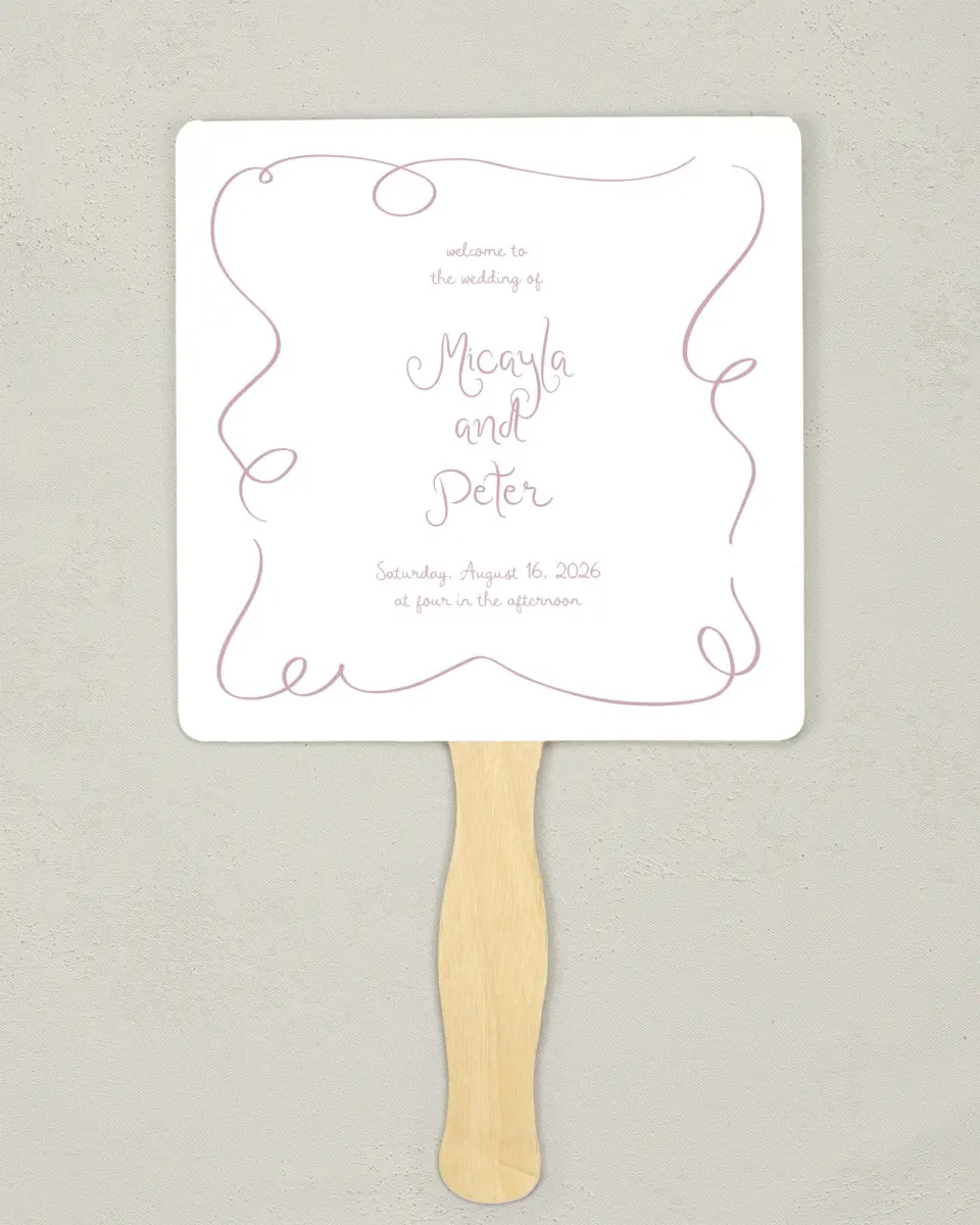 This is a 6¼" x 6¼" Wedding Program Fan called The Micayla printed in full color with Rose Gold foil on Luxe Satin (coated) paper