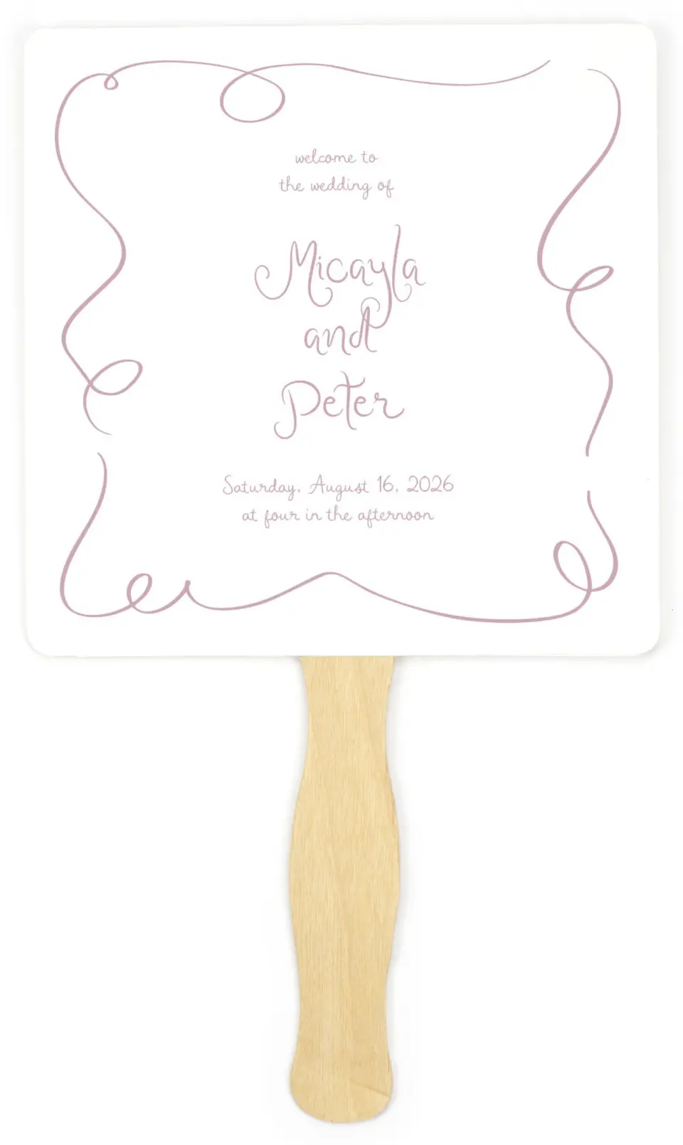 This is a 6¼" x 6¼" Wedding Program Fan called The Micayla printed in full color on Premium Smooth paper
