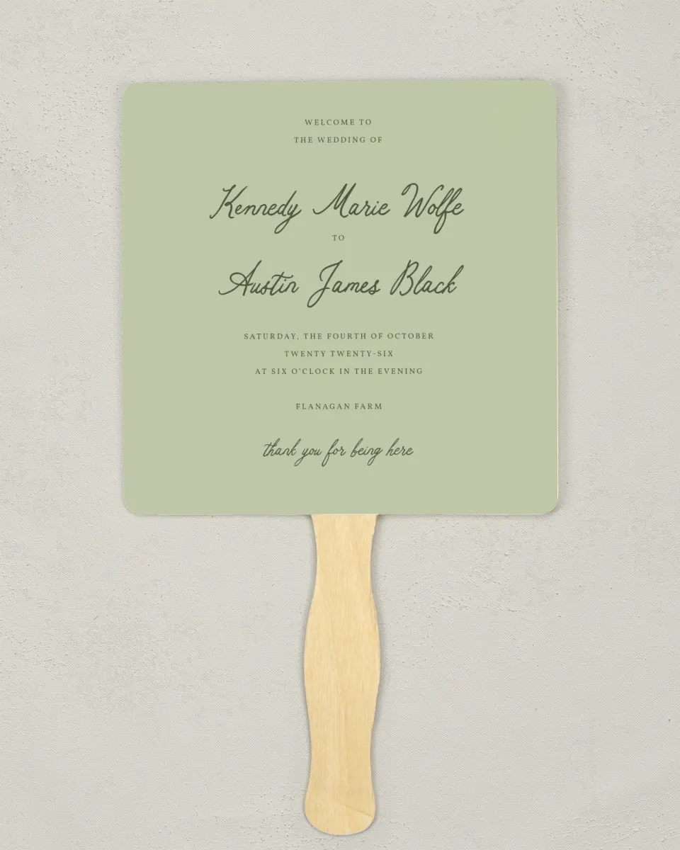 This is a 6¼" x 6¼" Wedding Program Fan called The Kennedy printed in full color on Premium Smooth paper