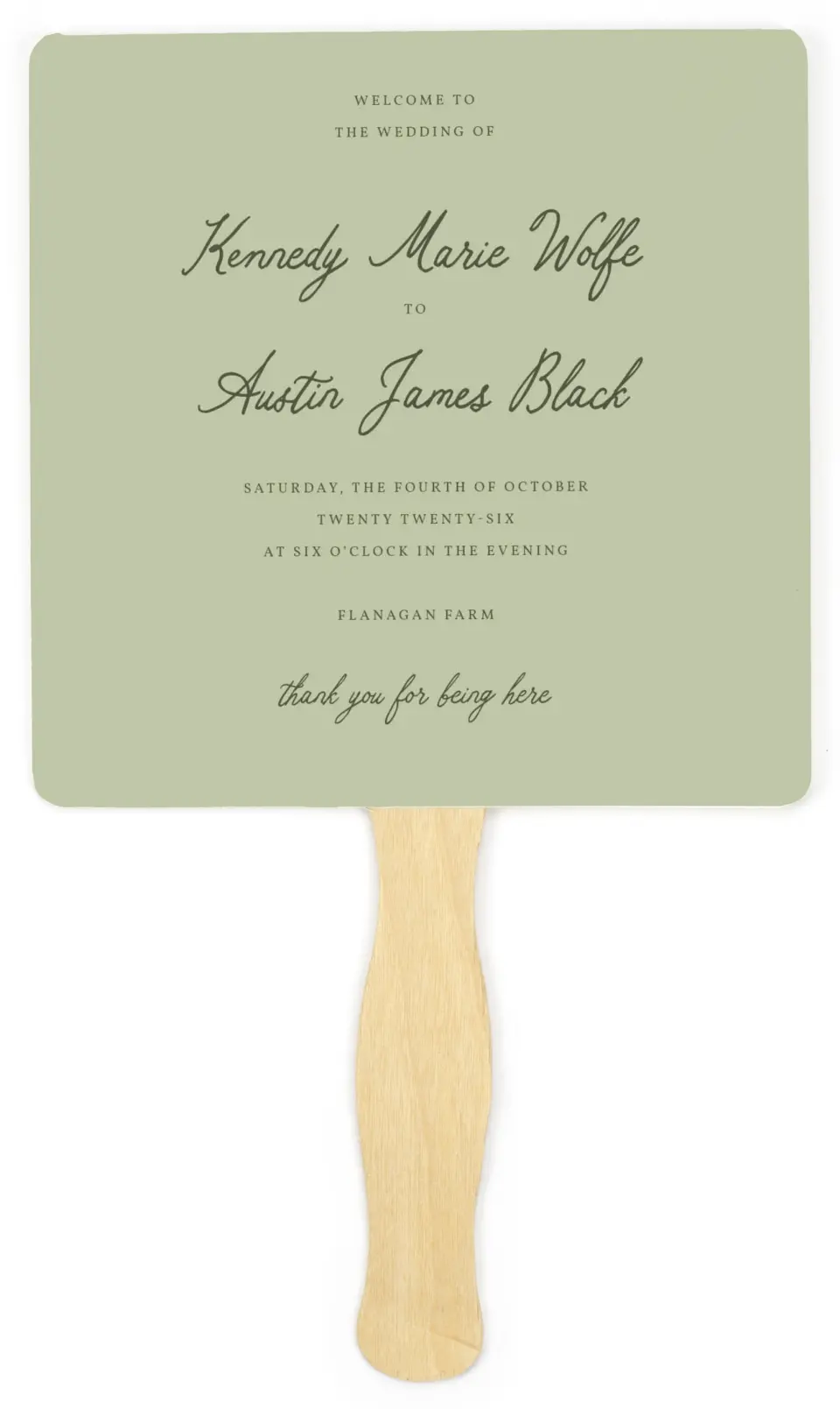 This is a 6¼" x 6¼" Wedding Program Fan called The Kennedy printed in full color on Premium Smooth paper