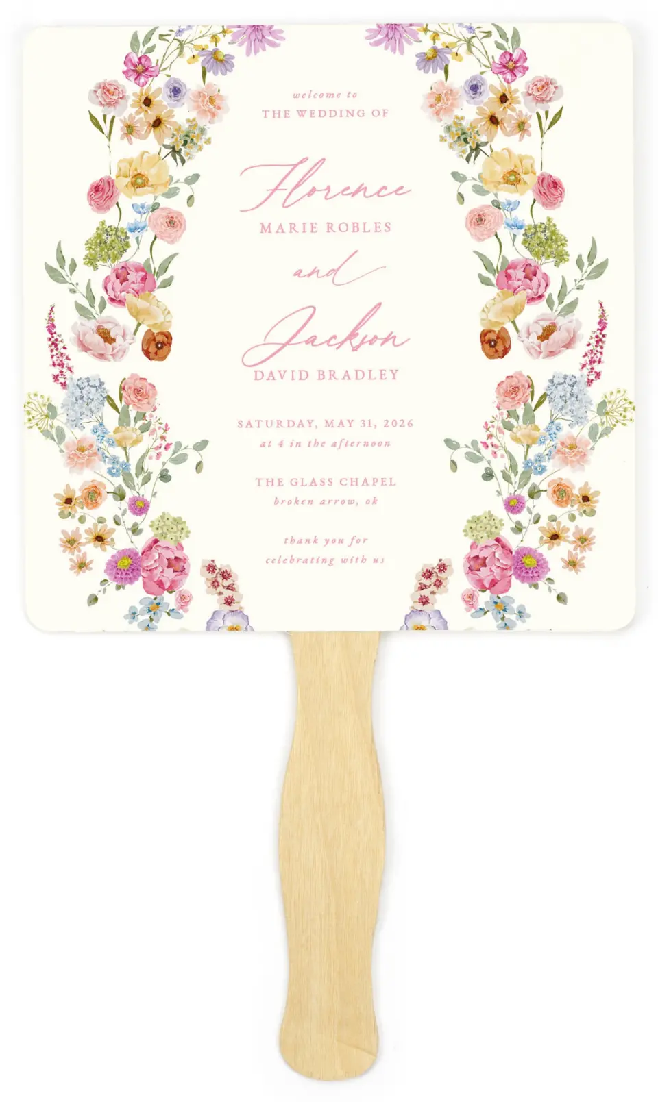 This is a 6¼" x 6¼" Wedding Program Fan called The Florence printed in full color on Premium Smooth paper
