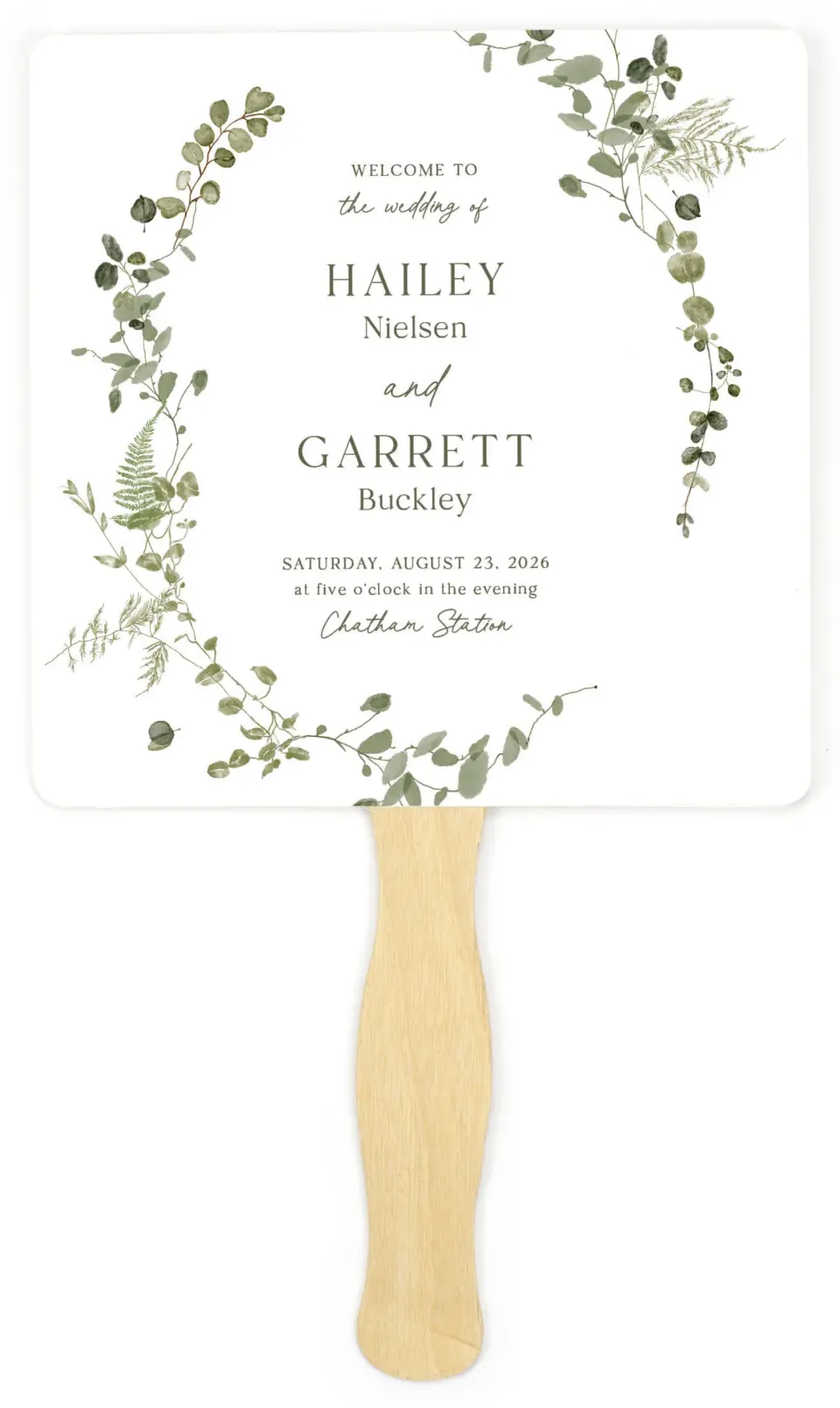 This is a 6¼" x 6¼" Wedding Program Fan called The Hailey printed in full color on Premium Smooth paper