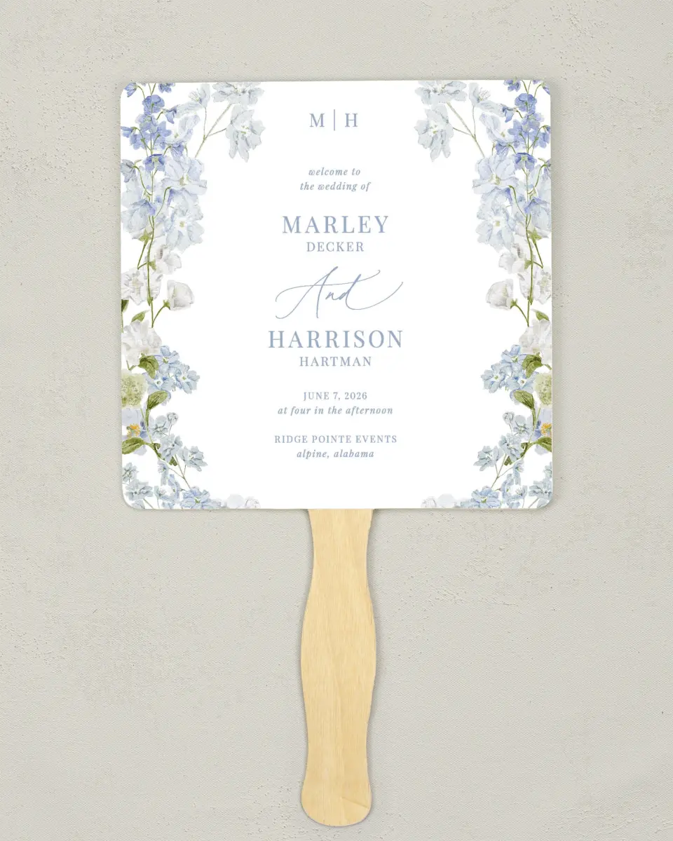 This is a 6¼" x 6¼" Wedding Program Fan called Blue Blossoms printed in full color on Premium Smooth paper