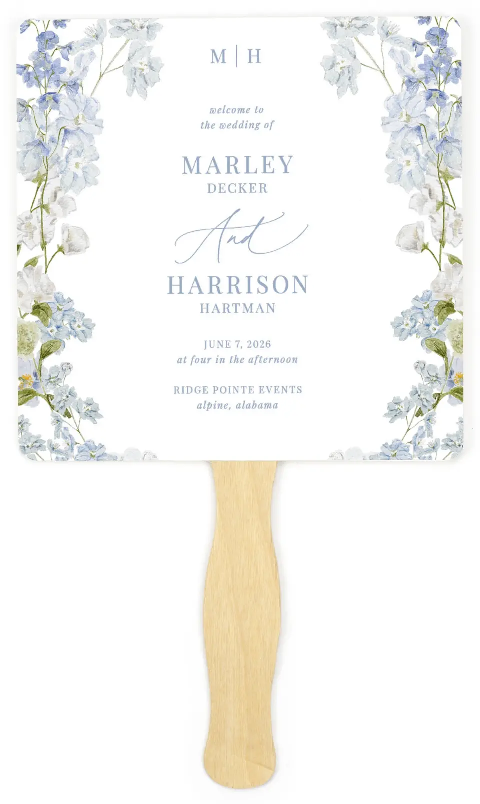This is a 6¼" x 6¼" Wedding Program Fan called Blue Blossoms printed in full color on Premium Smooth paper