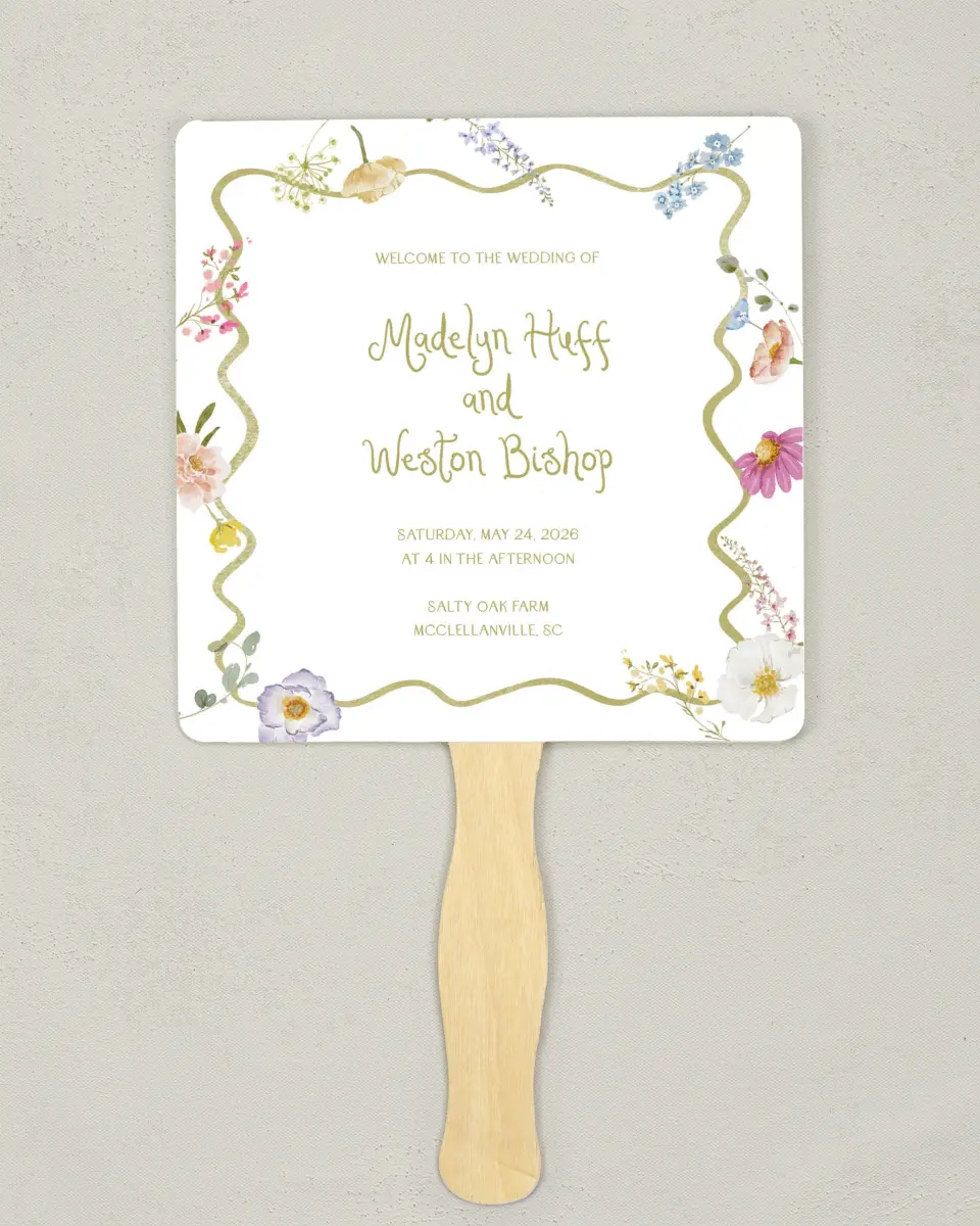 This is a 6¼" x 6¼" Wedding Program Fan called Whimsical Garden printed in full color with Gold foil on Luxe Satin (coated) paper