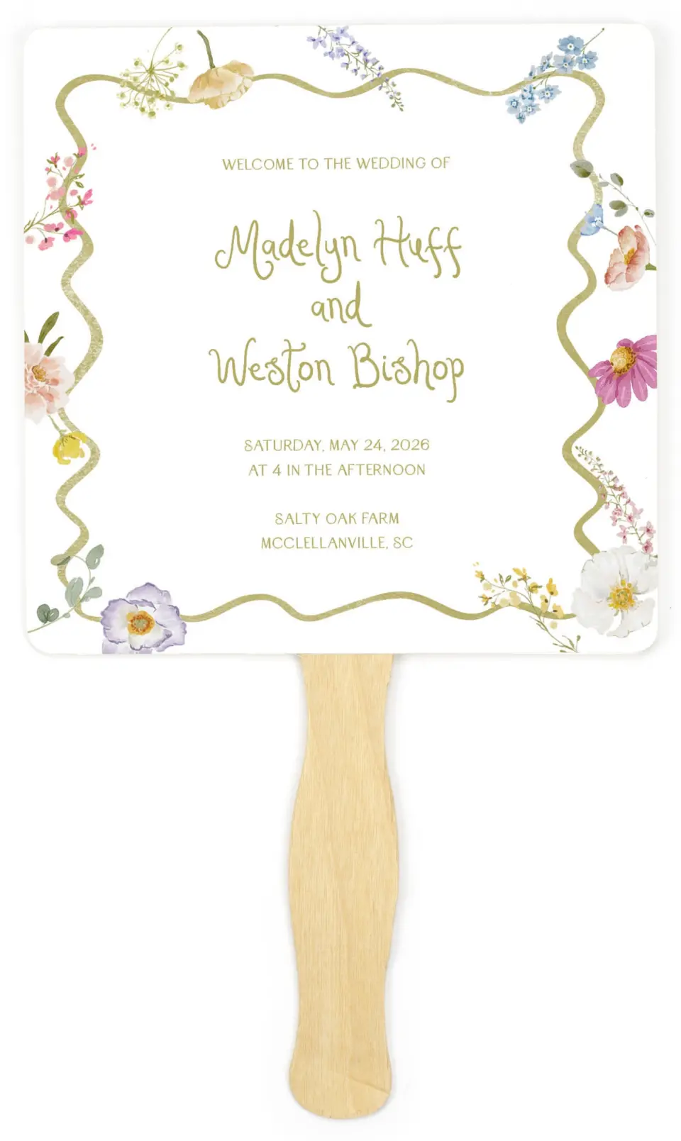 This is a 6¼" x 6¼" Wedding Program Fan called Whimsical Garden printed in full color on Premium Smooth paper