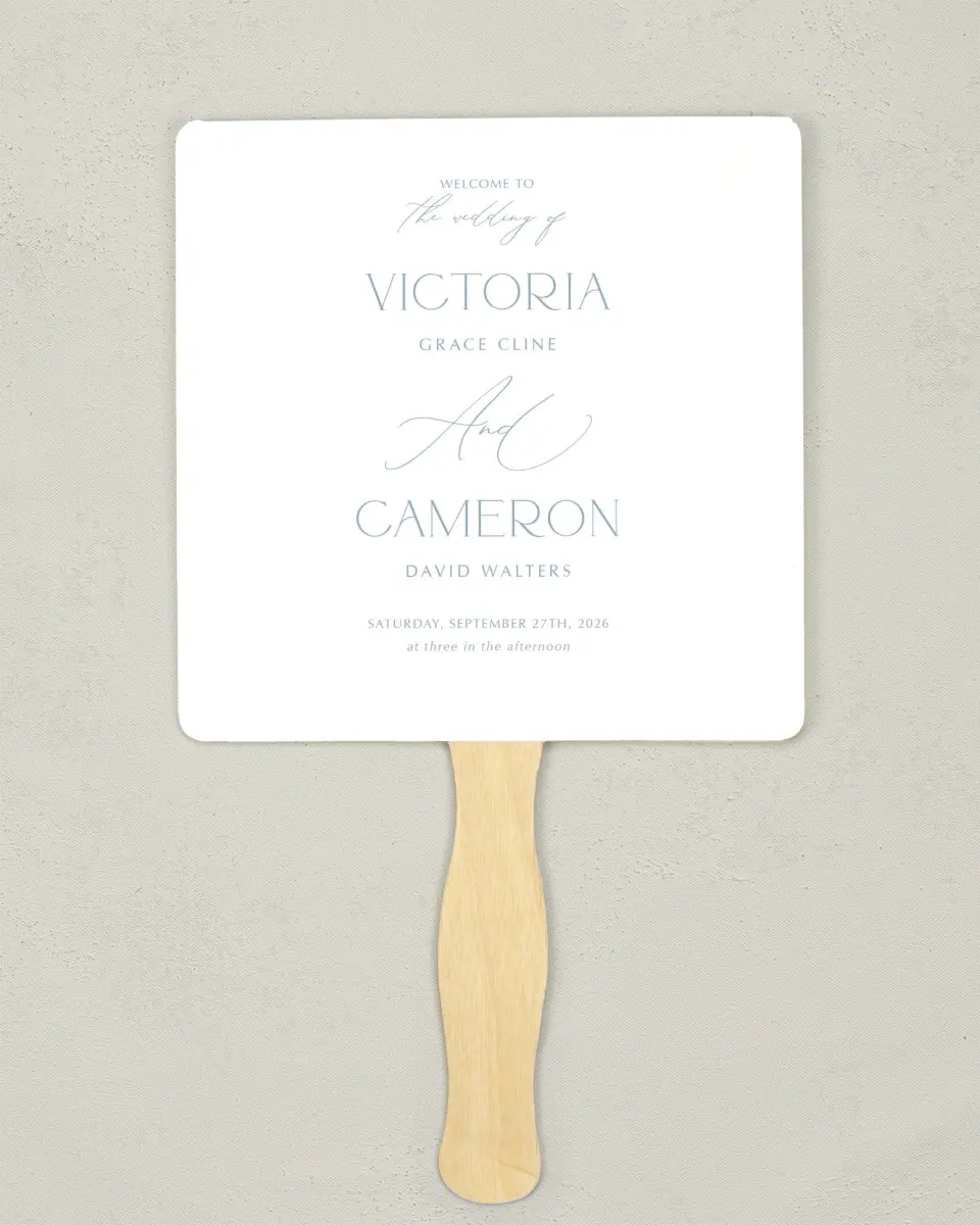 This is a 6¼" x 6¼" Wedding Program Fan called The Victoria printed in full color on Premium Smooth paper