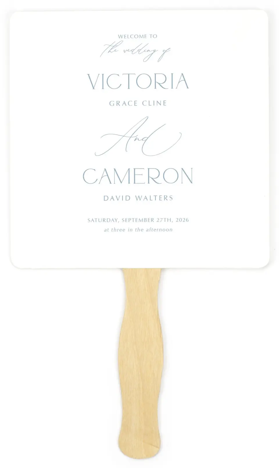 This is a 6¼" x 6¼" Wedding Program Fan called The Victoria printed in full color on Premium Smooth paper