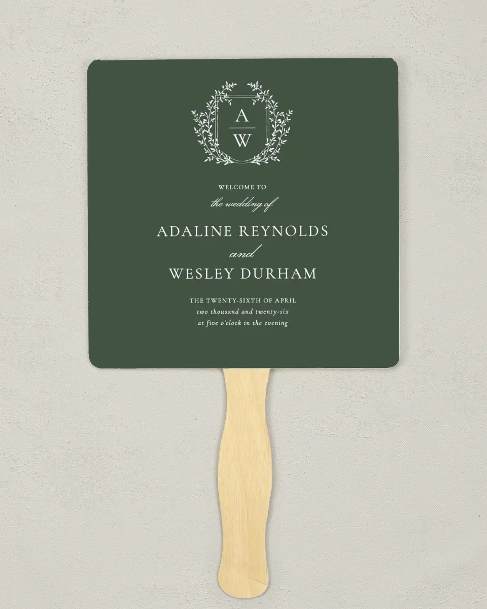 This is a 6¼" x 6¼" Wedding Program Fan called The Adaline printed in full color with Rose Gold foil on Luxe Satin (coated) paper