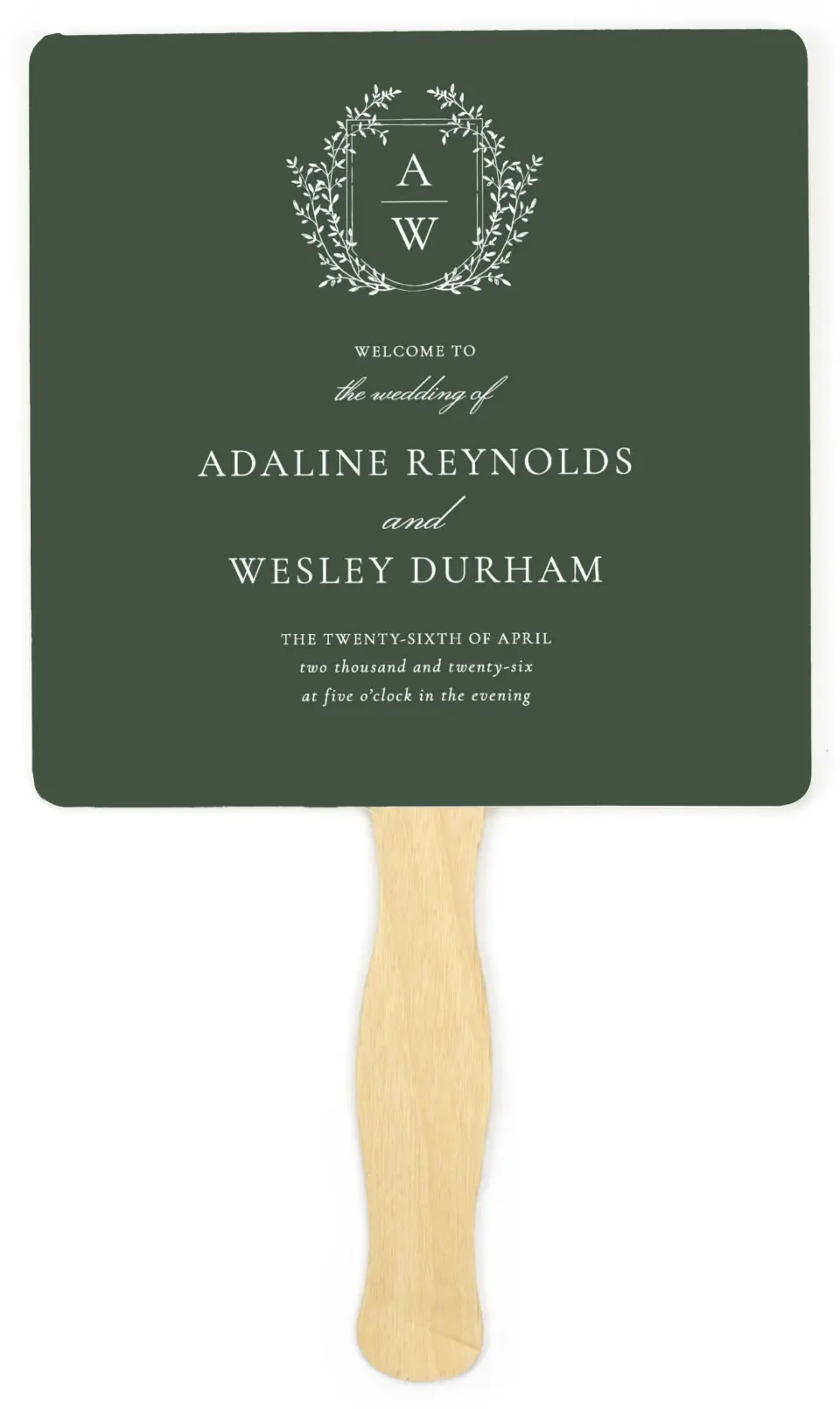 This is a 6¼" x 6¼" Wedding Program Fan called The Adaline printed in full color on Premium Smooth paper