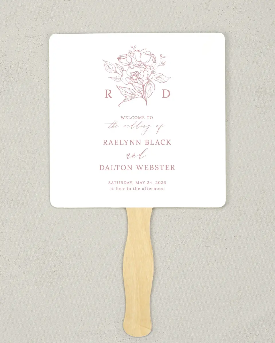 This is a 6¼" x 6¼" Wedding Program Fan called Blushing Rose printed in full color on Premium Smooth paper