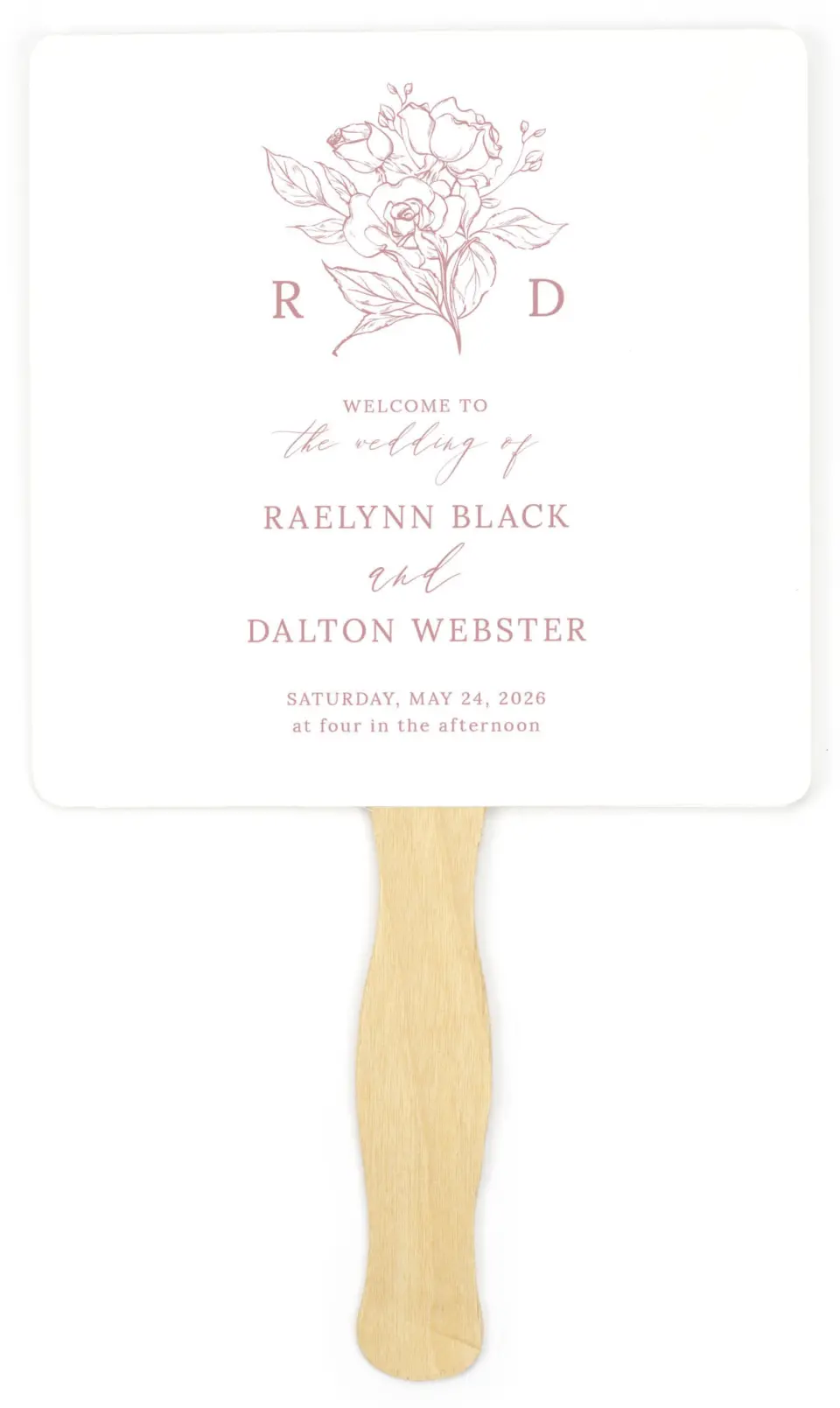 This is a 6¼" x 6¼" Wedding Program Fan called Blushing Rose printed in full color on Premium Smooth paper