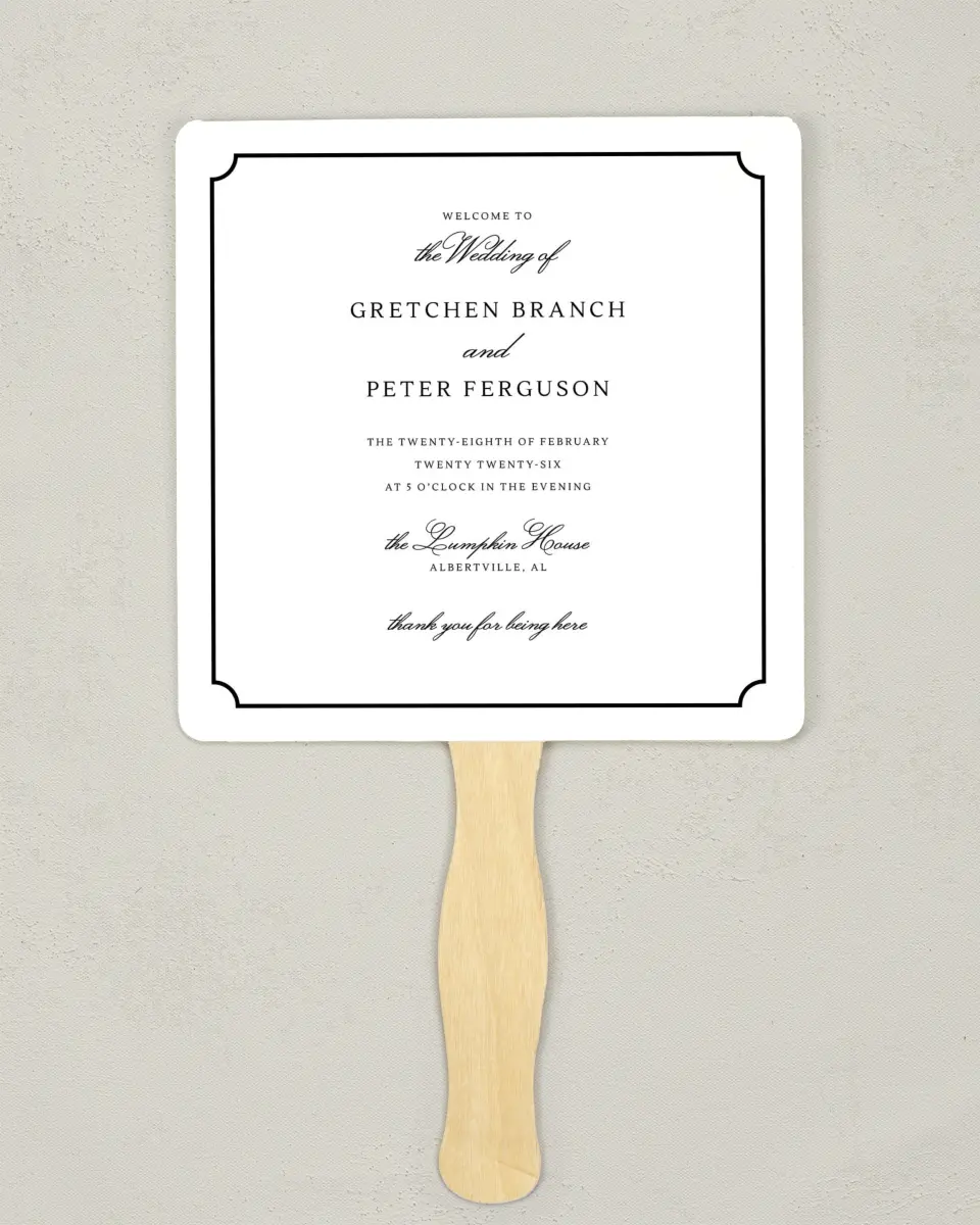This is a 6¼" x 6¼" Wedding Program Fan called Elegant Tradition printed in full color with Silver foil on Luxe Satin (coated) paper