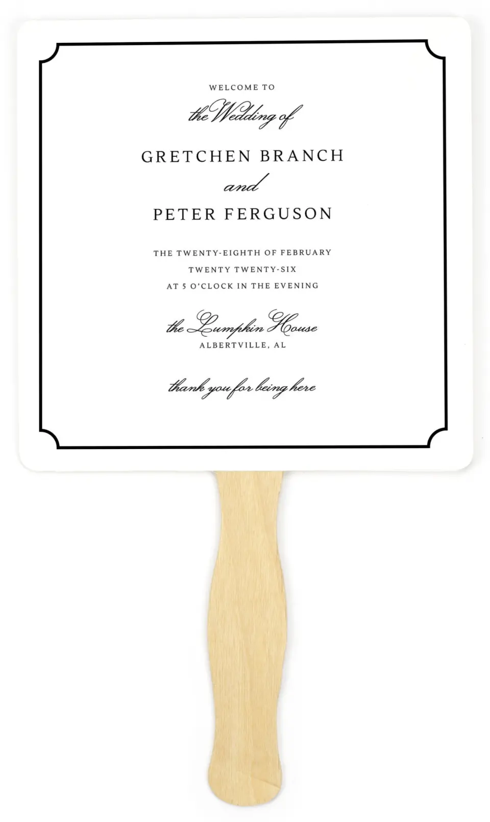 This is a 6¼" x 6¼" Wedding Program Fan called Elegant Tradition printed in full color on Premium Smooth paper