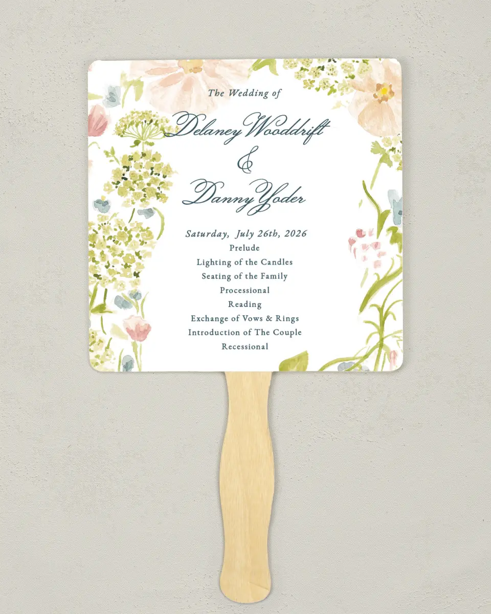 This is a 6¼" x 6¼" Wedding Program Fan called Garden of Vows printed in full color on Premium Smooth paper