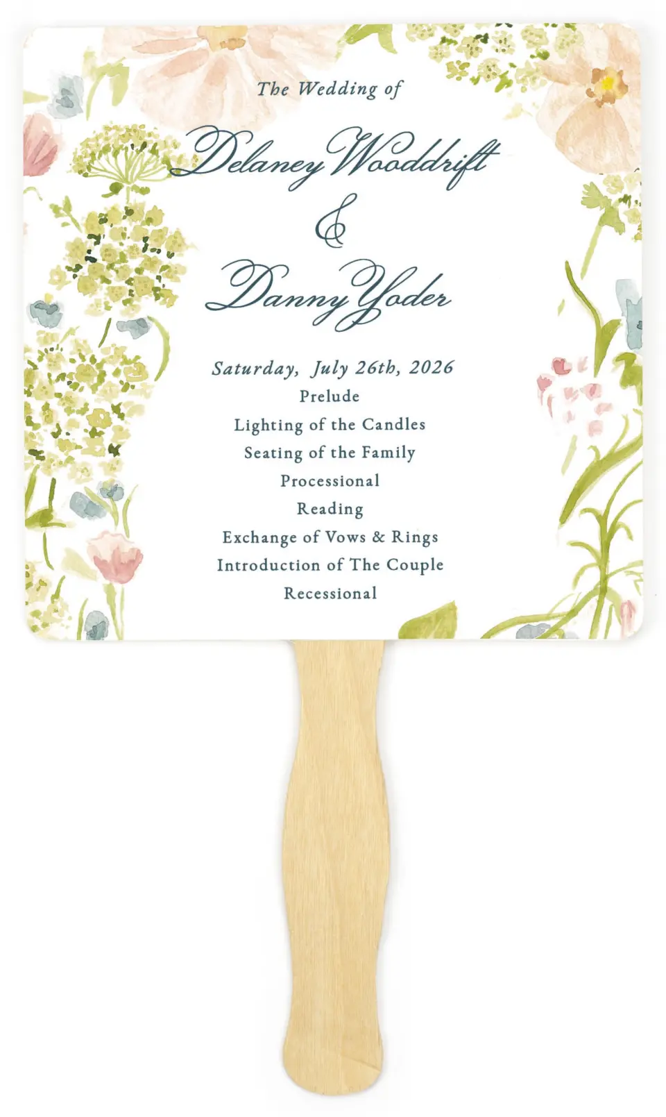 This is a 6¼" x 6¼" Wedding Program Fan called Garden of Vows printed in full color on Premium Smooth paper