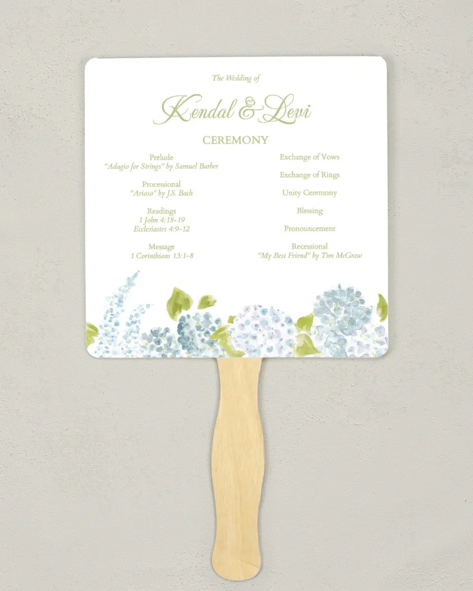 This is a 6¼" x 6¼" Wedding Program Fan called Southern Belle printed in full color on Premium Smooth paper