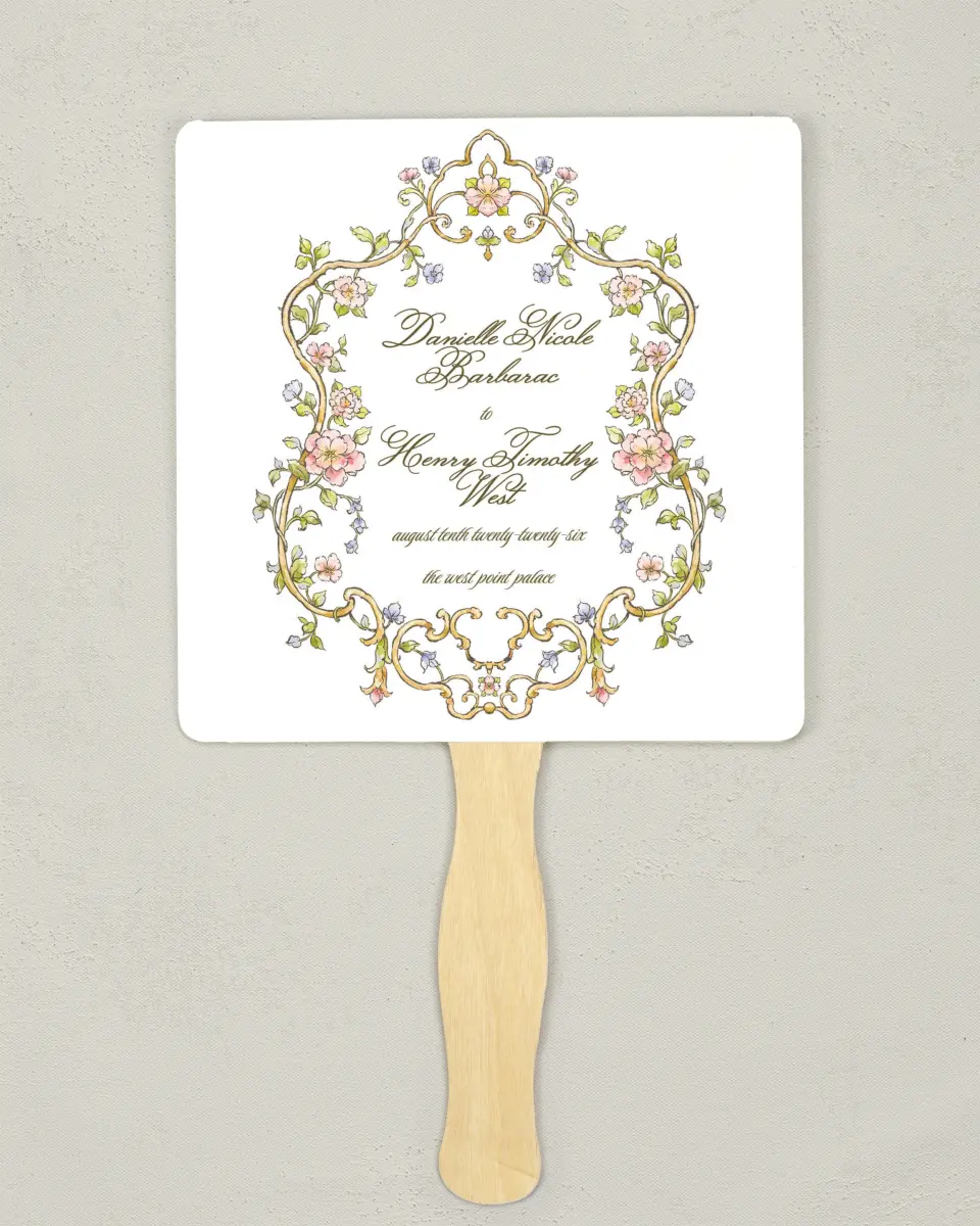 This is a 6¼" x 6¼" Wedding Program Fan called Ever After printed in full color with Gold foil on Luxe Satin (coated) paper