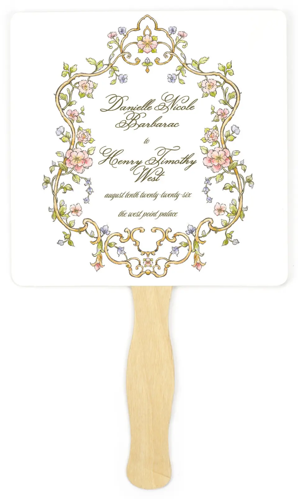 This is a 6¼" x 6¼" Wedding Program Fan called Ever After printed in full color on Premium Smooth paper
