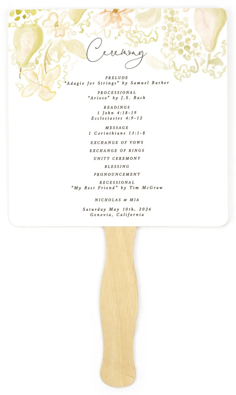 This is a 6¼" x 6¼" Wedding Program Fan called Royal Glory printed in full color on Premium Smooth paper