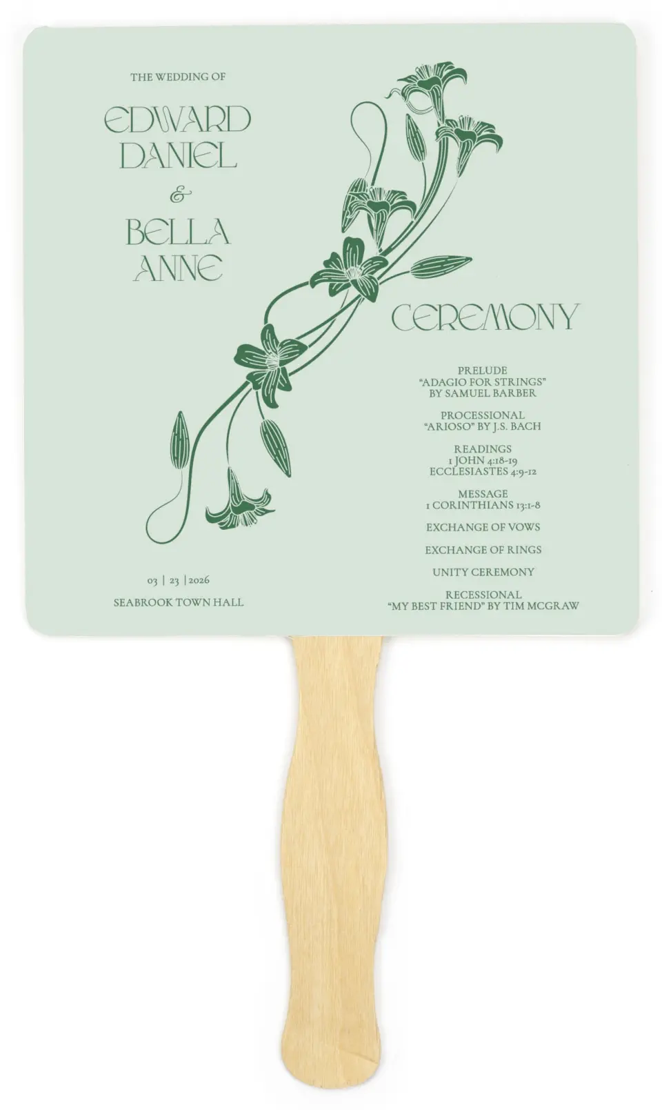 This is a 6¼" x 6¼" Wedding Program Fan called Water Lily printed in full color on Premium Smooth paper