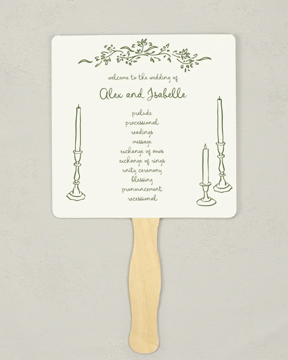 This is a 6¼" x 6¼" Wedding Program Fan called Sweet Woodland printed in full color with Silver foil on Luxe Satin (coated) paper