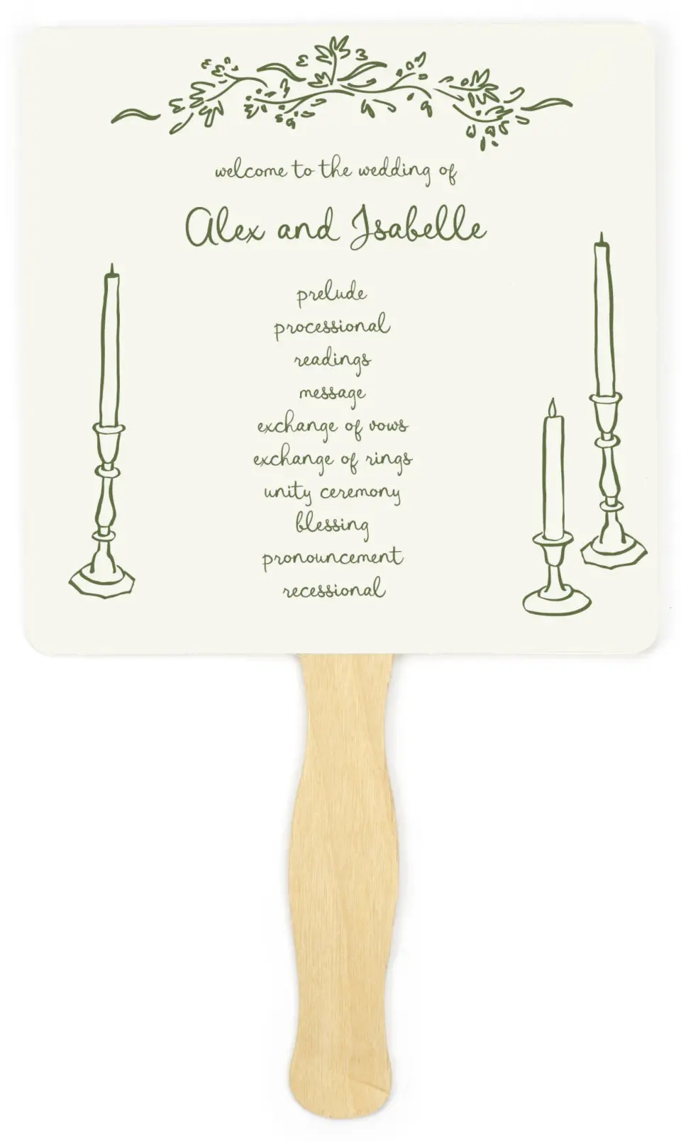 This is a 6¼" x 6¼" Wedding Program Fan called Sweet Woodland printed in full color on Premium Smooth paper
