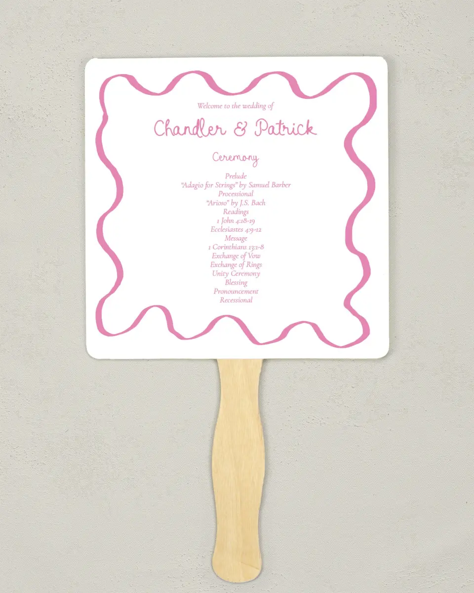 This is a 6¼" x 6¼" Wedding Program Fan called Swan Love printed in full color with Rose Gold foil on Luxe Satin (coated) paper