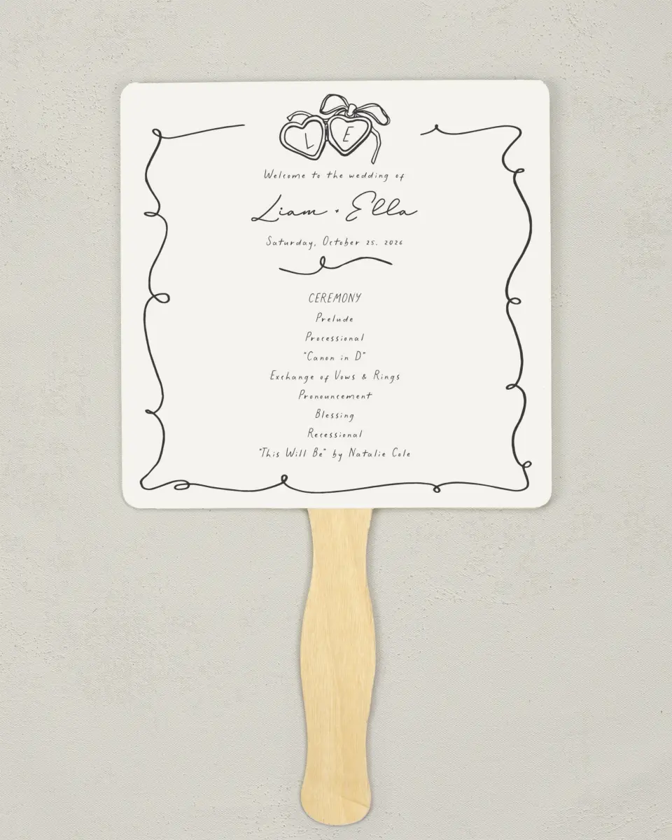 This is a 6¼" x 6¼" Wedding Program Fan called Locket of Love printed in full color with Rose Gold foil on Luxe Satin (coated) paper