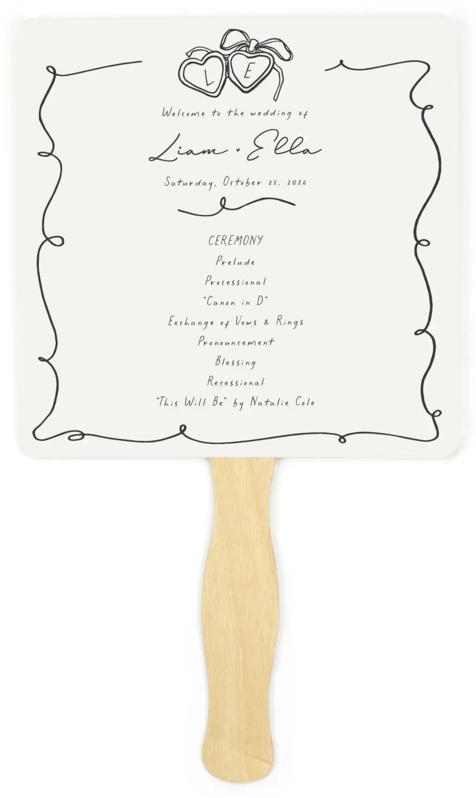 This is a 6¼" x 6¼" Wedding Program Fan called Locket of Love printed in full color on Premium Smooth paper