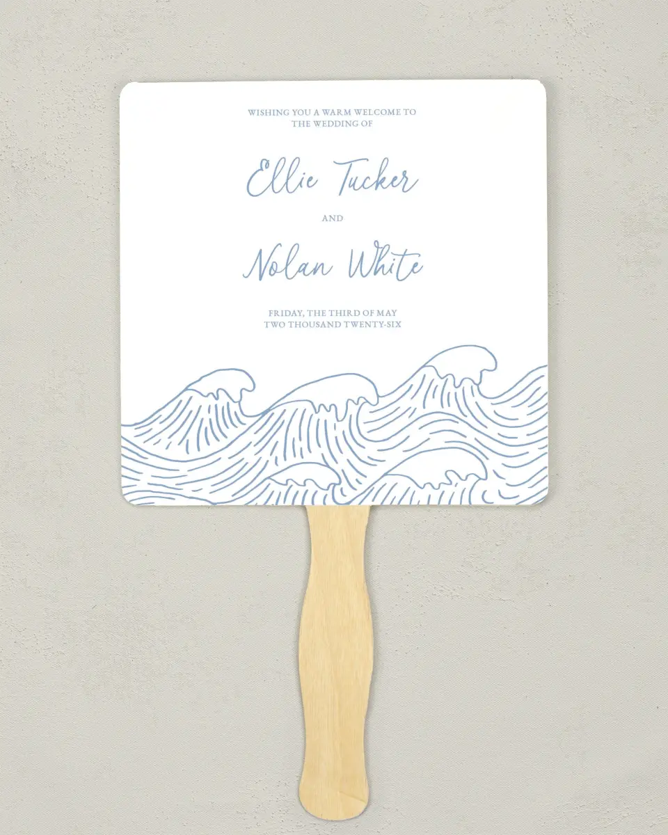 This is a 6¼" x 6¼" Wedding Program Fan called Wave of Love printed in full color on Premium Smooth paper
