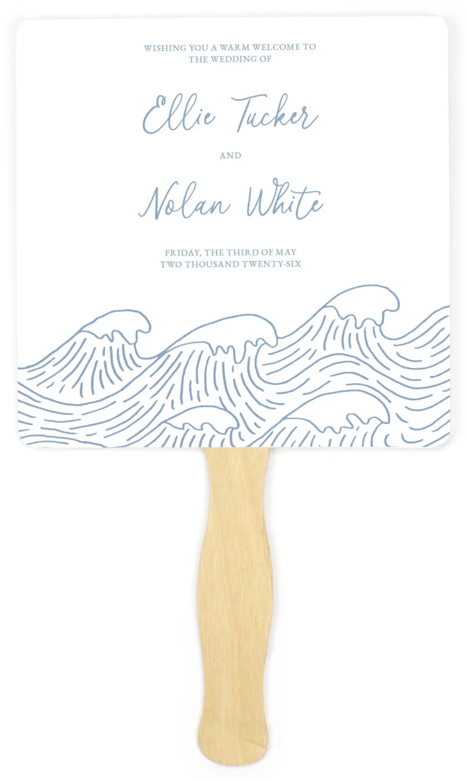 This is a 6¼" x 6¼" Wedding Program Fan called Wave of Love printed in full color on Premium Smooth paper