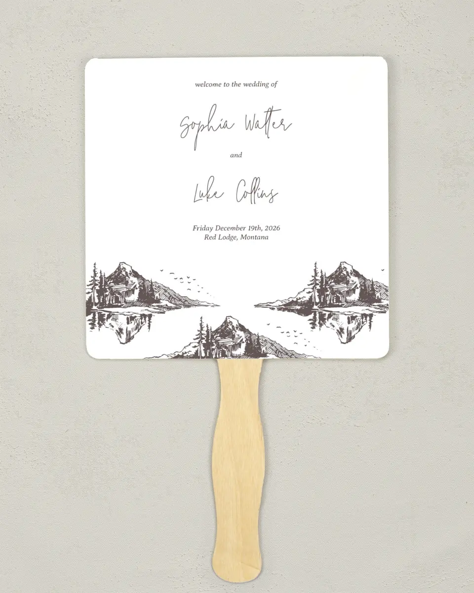 This is a 6¼" x 6¼" Wedding Program Fan called Mountain Bliss printed in full color with Gold foil on Luxe Satin (coated) paper