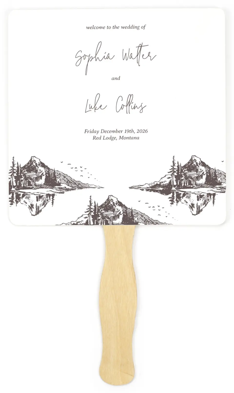 This is a 6¼" x 6¼" Wedding Program Fan called Mountain Bliss printed in full color on Premium Smooth paper